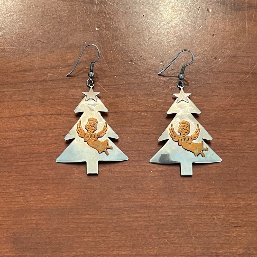 Vintage Angel Christmas Tree Earrings Metal Gold and Silver Tones